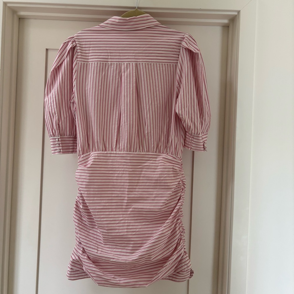 NWOT Maeve Anthropologie Fitted Ruched Mini Shirt Dress Pink Striped M - Picture 4 of 9